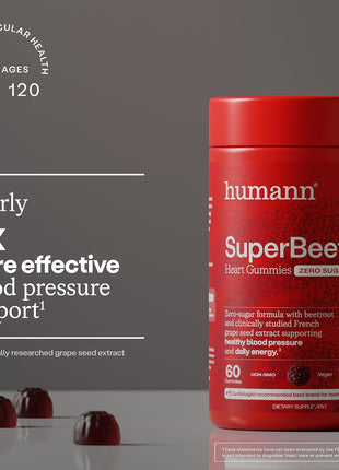 HumanN SuperBeets Heart Gummies Zero Sugar - Beet Gummy with Energy Support, Grape Seed Extract & Beetroot Powder - 60 Count (Pack of 3)