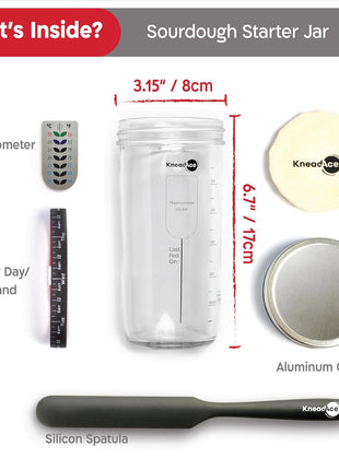 KneadAce Sourdough Starter Jar With Date Marked Feeding Band, Thermometer, Sourdough Jar Scraper, Sourdough Container Sewn Cloth Cover & Metal Lid, Sourdough Starter Kit