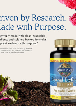 Garden of Life Primal Defense Ultra, 15 Billion CFU Plus HSOs, 216 Capsules | For Digestive Health and Gut Health Balance, 15 Billion CFU and 13 Strains Plus HSOs, Vegetarian and Gluten Free