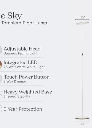 Brightech Sky LED Floor lamp, Torchiere Super Bright Floor Lamp for Living Room Decor & Office - Dimmable, Tall Standing Lamp with Warm Light for Bedroom & Reading - White