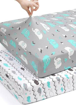 Pack n Play Sheets, BROLEX 2 Pack Mini Crib Sheets,Stretchy Portable Fitted Playard Sheet Set, Convertible Playard Mattress Cover,Ultra Soft Breathable Material,Elephant Whale
