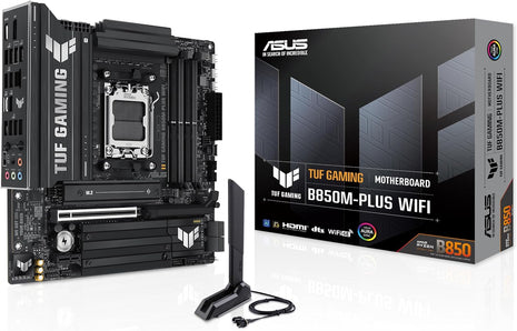 ASUS TUF Gaming B850M-PLUS WiFi AMD AM5 B850 mATX Motherboard, 14+2+1 80A DrMOS Stages, DDR5, PCIe 5.0, 3X M.2, Wi-Fi 6E, 2.5Gb LAN, DP, HDMITM, USB 10Gbps & 20Gbps Type-C®, BIOS FlashbackTM, Aura Sync