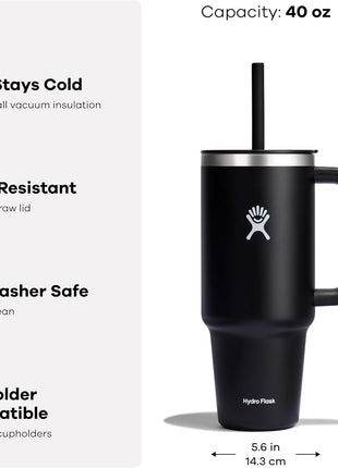 Hydro Flask Travel Tumbler with Handle, Lid and Straw - Insulated Stainless Steel in 40 Oz Black