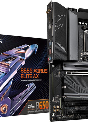 GIGABYTE B650 AORUS Elite AX AMD AM5 ATX Motherboard, Support Ryzen 9000/8000/7000 Series, DDR5, 14+2+1 Power Phase, PCIe 5.0 M.2, USB-C 3.2 Gen 2, WIFI6E, 2.5GbE, EZ-Latch, Q-Flash, RGB Fusion