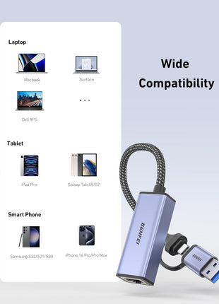 BENFEI USB 3.0 to Ethernet Adapter, USB C to RJ45 Gigabit LAN (1000Mbps) Network Adapter, Compatible with MacBook/Pro/Air, Surface Pro, Windows 11/10/8/7, Mac OS [Aluminium Shell&Nylon Cable]