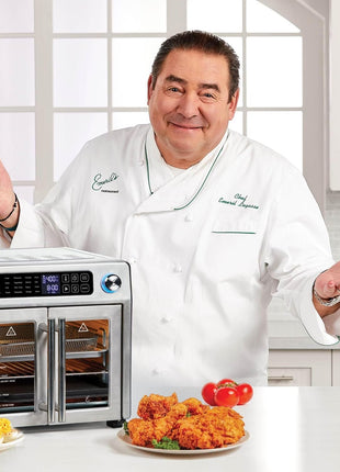Emeril Lagasse 26QT French Door Multi-Function Air Fryer Toaster Oven | 26QT air fryer oven with French doors, 24 cooking functions, dual-speed fan and rotisserie for easy family meals.