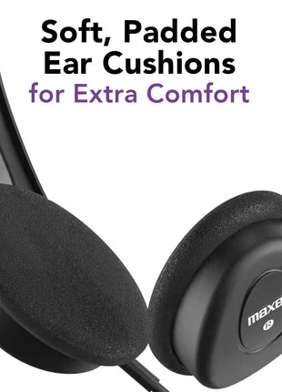 Maxell Wired Headphones with Mic, Adjustable Headband, 6ft Cord | Built-in inline mic for clear calls - 32-ohm drivers, 3.5mm stereo jack, soft foam headband for extended wear