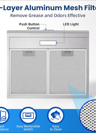 24 inch Range Hood Under Cabinet, Stainless Steel Range Hood 280CFM, Slim Kitchen Stove Hood w/Push Button, Ducted/Ductless Convertible, 3 Speeds Exhaust Fan, LED Light and Carbon Filter