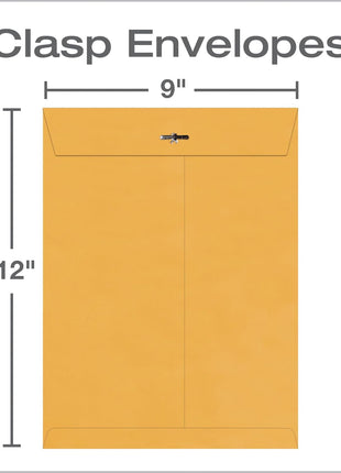 Quality Park 9 x 12 Clasp Envelopes with Deeply Gummed Flaps, Great for Filing, Storing or Mailing Documents, 28 lb Brown Kraft, 100 per Box (QUA37890)
