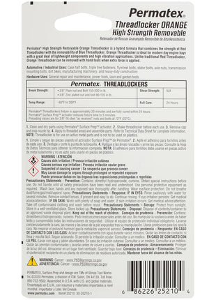 Permatex 25210 High Strength Removable Threadlocker Orange Liquid, 10 ml