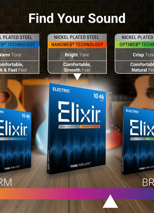 Elixir Strings, Electric Guitar Strings, Nickel Plated Steel with NANOWEB Coating, Longest-Lasting Bright Tone with Comfortable Feel, 6 String Set, Light 10-46