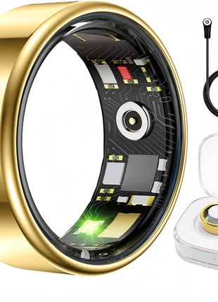 Smart Ring Health & Fitness Tracker for Men & Women, Heart Rate, SPO2, Sleep & Activity Monitoring, IP68 Waterproof, Long Battery Life, Family Care Mode, No Subscription Fee (Gold, 8)