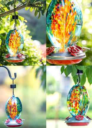 Muse Garden Glass Humming Bird Feeders for Outdoors - 27OZ Blown Glass Hummingbird Feeder - Unique Gift Mom Women, Outdoors Hanging Garden Decor, Includes Ant Moat & Brush, Blue Fireworks