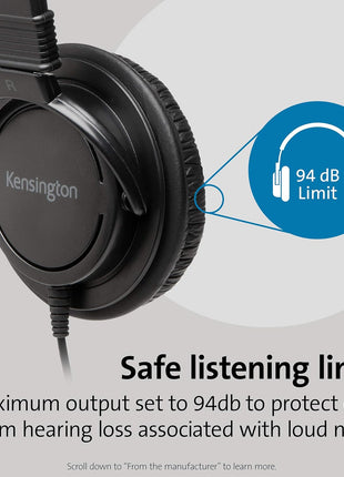 Kensington USB-A Hi-Fi Headphones, On-Ear Headset, 6ft Cord, for Kids, for Adults, for School, Padded Adjustable Headband (K97600WW), Black