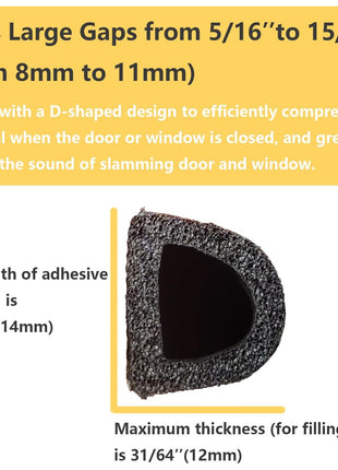 VITAM AMO Weather Stripping Seal Strip for Doors/Windows 18 Feet, Self-Adhesive Backing Seals Large Gap (from 5/16 inch to 15/32 inch), Easy Cut to Size