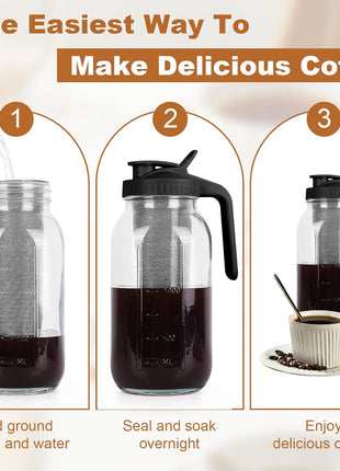 Cold Brew Coffee Maker,64 oz Mason Jar Pitcher with Stainless Steel Filter, Pour Spout Handle Lid, Heavy Duty Glass Airtight & Leak-Proof for Iced Coffee,Tea & Lemonade