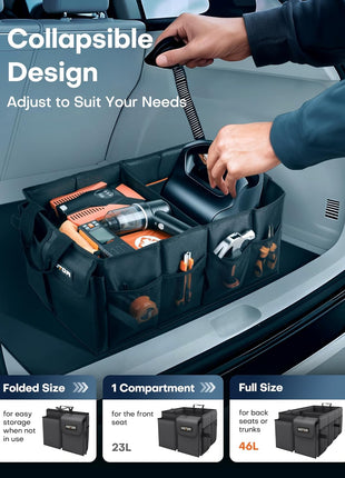HOTOR Trunk Organizer - Car Organizer, Foldable Trunk organizer for SUVs & Sedans, Sturdy Car Organization for Car Accessories, Tools, Sundries, Black, 2 Compartments, 21.3 inch×12.6 inch×10.6 inch