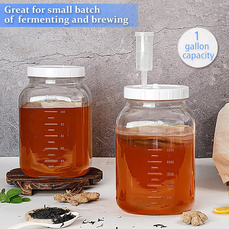 1 Gallon Large Fermentation Jars, 4.3" Wide Mouth Glass Jar, 2 Pack | 100% Airtight Lid, BPA-Free, Dishwasher Saf, Pickle Jar with 2 SCREW Lid, 3 Airlock and 2 Scale Mark for Sourdough Starter