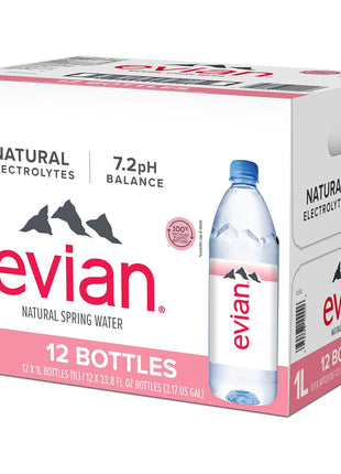 Evian Natural Spring Water, 1 L bottle, 12 pack