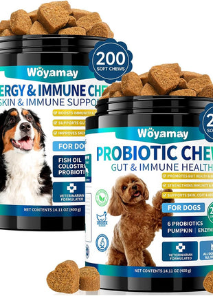 Dual-Action Dog Probiotics & Allergy Relief Chews - 200 Soft Treats for Gut Health, Itchy Skin, Diarrhea & Gas with Probiotics, Omega 3, Turmeric, Colostrum | Immune & Coat Support for Dogs