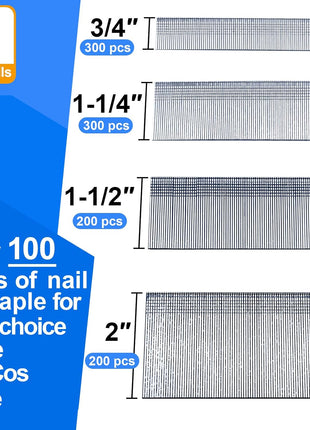 18 Gauge Brad Nails 4 Sizes (2",1-1/2",1-1/4",3/4"),1000-Pack | Assorted Galvanized 18 GA Nail Gun Nails and Small Finishing Nails for Pneumatic, Electric Brad Nailer