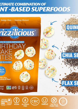 Drizzilicious Mini Flavored Rice Cakes Birthday Cake - Rice Crisps, Healthy Snack for Adults and Kids, Vegan, Gluten Free Snack, Allergen Free, Only 90 Calories Per 21 Pieces - 4 oz (Pack of 2)