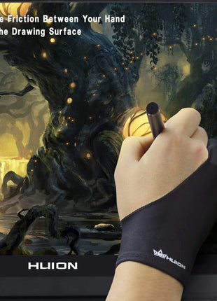 HUION Artist Drawing Glove, One Size, Left or Right Hand | Two-Finger Soft Lycra and Nylon Glove for Sketching, Inking, Coloring and Digital Drawing on Tablets, Reduces Friction