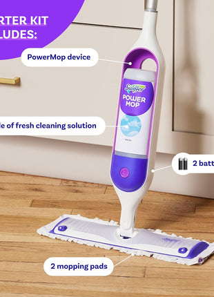 Swiffer PowerMop Mopping Kit for Floor Cleaning, Set Includes 1 Power Mop, 2 Replacement Pads, 1 Liquid Solution Refill, 2 Batteries, No Bucket Needed Electric Spray Cleaner, Multi-Surface and Wood