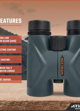 Athlon Optics 8x42 Midas UHD Gray Binoculars with ED Glass for Adults and Kids, High-Powered Binoculars for Hunting, Birdwatching, and More | For Hunting, Birdwatching, and Adults & Kids | High-Powered, ED Glass, Eye Relief | Waterproof and Fogproof