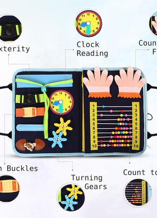 Busy Book for Toddlers, Montessori Felt Quiet Book Travel Toy | Soft felted wool, securely stitched with no loose pieces. Buttons, zippers and abacus build fine motor skills.