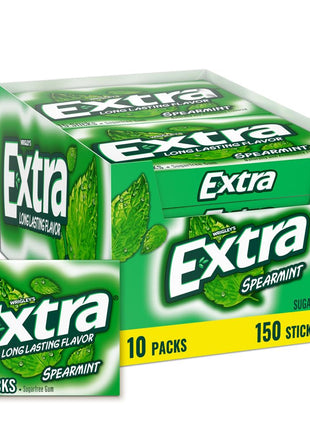 EXTRA Gum Spearmint Sugarfree Chewing Gum Bulk, 15 Count, 10 Pack | Long Lasting Mint Flavor for Fresh Breath, Individually Wrapped Packs for Sharing, Great for School, Work and Travel