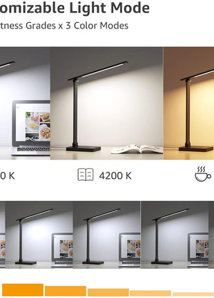 Lepro Desk Lamp with USB Charging Port for Home Office, 650LM 9.5W, Black | Dimmable Task Light, 5 Colors 5 Brightness, Eye Caring Table Lamp for Dorm Room, Sewing, Crafting, Reading, Nail, Drafts