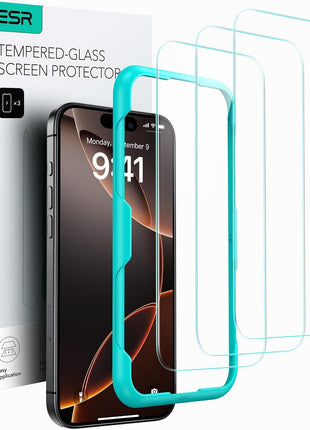 ESR 3 Pack for iPhone 16 Pro Max Screen Protector, Align Frame | Military Grade Shatterproof, 9H Tempered Glass, Scratch-Resistant, Full-Coverage Protection, Easy Installation Tool