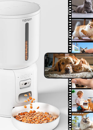 Automatic Cat Feeder with Camera, 4L Automatic Pet Feeder, Dual Power Supply, Smart Cat Food Dispenser with 2MP Night Vision & Two-Way Audio for Cats and Small Dogs, White