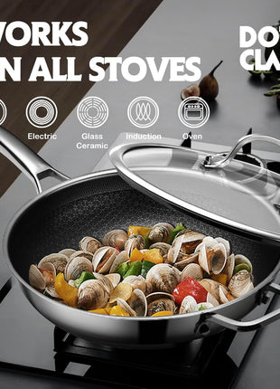 DOTCLAD Wok pan,Hybrid 13 inch Wok with Lid, PFOA Free Cookware,non stick Stainless Steel Woks & Stir-fry pans Nonstick, Dishwasher and Oven Safe, Works on Induction