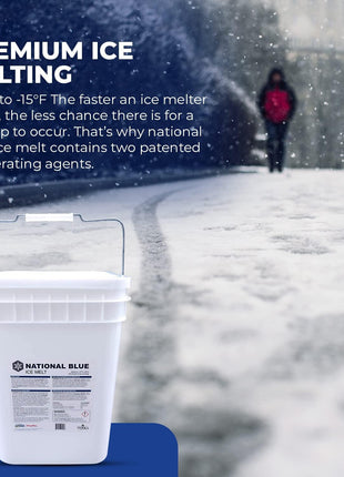 National Blue Ice Melt and Snow Salt 35lb Bucket - Fast Acting Ice Melter - Pet, Plant and Concrete Friendly, Environmentally Safe - Free of Magnesium Chloride - Melts to -15°F