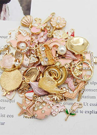 40pcs(20PAIRS) Assorted Gold Tone Enamel Animals Fruit Moon Star Dainty Dangle Flowers Pendants Charms for Jewelry Making Necklace Bracelet, Pink Theme
