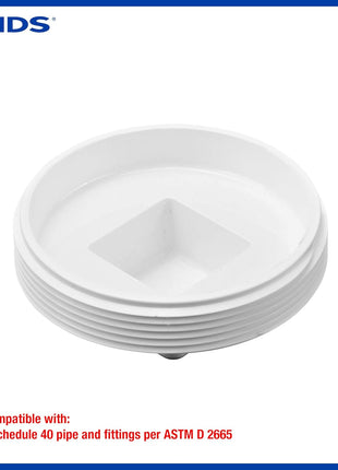 NDS 41P8 PVC S&D Cleanout Plug, with 4-Inch MPT Connection, Works with 4-Inch FPT drain fittings attached to Sewer and Drain Pipe, White