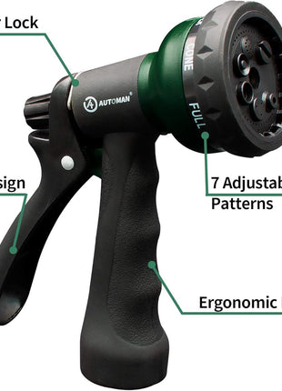 AUTOMAN-Garden-Hose-Nozzle, ABS Water Spray Nozzle with 7 Adjustable Watering Patterns, Slip Resistant for Watering Plants, Lawn& Garden, Washing Cars, Cleaning, Showering Pets & Outdoor Fun.