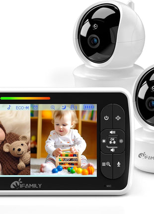 iFamily Split Screen Baby Monitor, Large Display Video Baby Monitor with 2 Cameras and Audio, Long Range, Remote pan tilt, Night Vision, Temperature Sensor, 2 Way Talk, Feeding Clock and lullabies.