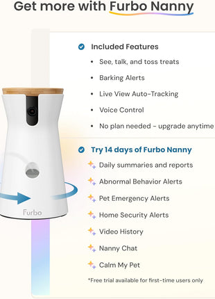 Furbo 360° Dog Camera: Basic See, Talk & Toss Features, No AI Alerts, No Subscription Required, Pet Security Cam w/Barking Alerts, Rotating View, Treat Toss, 2-Way Audio, Smart Home Puppy Monitoring