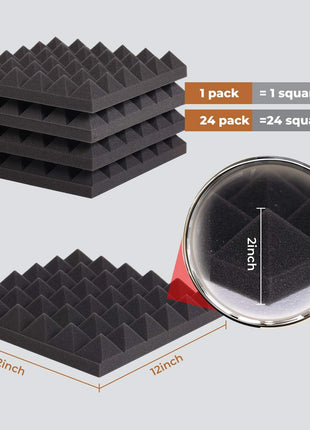 24 Pack Black 12 x 12 x 2 Inches Pyramid Designed Acoustic Foam Panels, Sound Proof Foam Panels for Walls, High Density and Flame-Retardant Acoustic Panels, Sound Panels for Recording and Home Studio