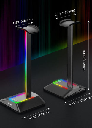 New Bee Headphone Stand with RGB Lighting, Sturdy Aluminum Gaming Headset Holder with USB-C & USB Charging Ports, Stable Desktop Earphone Stand for All Headphones Size, Black