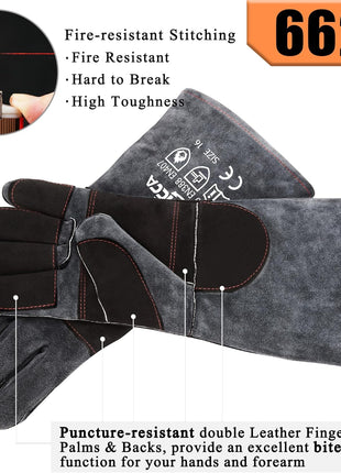 RAPICCA Animal Handling Gloves Bite Proof Double Leather Reinforced Padding Dog,Cat Scratch,Bird Handling Falconry Gloves Grabbing Reptile Squirrel Snake Bite 16in Grey-Black