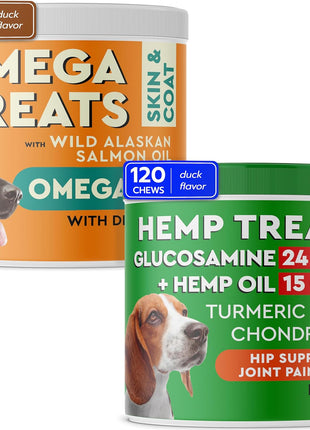 Hemp + Glucosamine + Fish Oil Omega for Dogs 3 Bundle - Hip & Joint Supplement + Allergy Relief - w/Hemp Oil Chondroitin MSM Turmeric + EPA & DHA Fatty Acids - 240 Chews - Made in USA