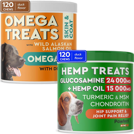 Hemp + Glucosamine + Fish Oil Omega for Dogs 3 Bundle - Hip & Joint Supplement + Allergy Relief - w/Hemp Oil Chondroitin MSM Turmeric + EPA & DHA Fatty Acids - 240 Chews - Made in USA
