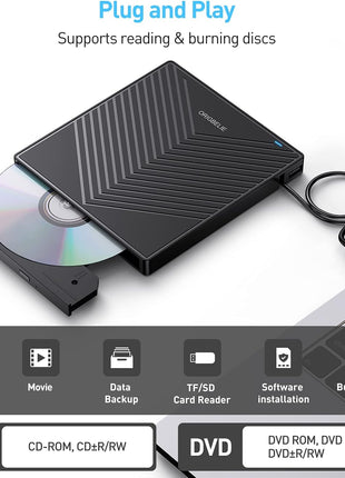 ORIGBELIE External CD DVD Drive, Ultra Slim CD Burner USB 3.0 with 4 USB Ports and 2 TF/SD Card Slots, Optical Disk Drive for Laptop Mac, PC Windows 11/10/8/7 Linux OS