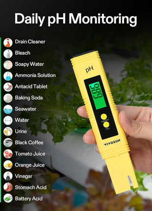 VIVOSUN Digital pH and TDS Meter Kits, 0.01pH High Accuracy Pen Type pH Meter ± 2% Readout Accuracy 3-in-1 TDS EC Temperature Meter for Hydroponics, Pool and Aquarium, Yellow Blue, UL Certified