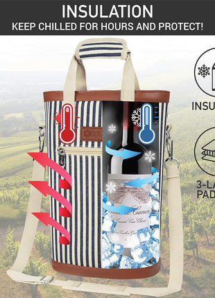 opux Two Bottle Wine Bag Carrier Tote, Insulated Leakproof 2 Bottle Wine Cooler Bag for Travel BYOB Picnic, Portable Wine Case, Gift for Men Women Wine Lover Birthday Party Christmas, Navy Stripes