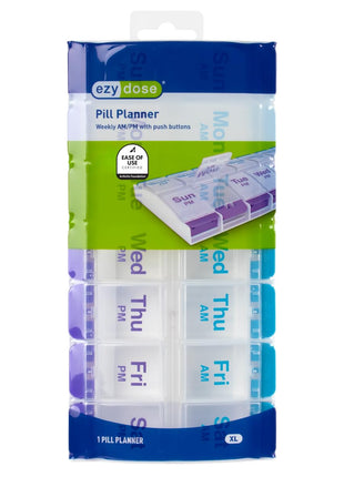 Ezy Dose Weekly (7-Day) AM/PM Pill Organizer, X-Large Case, Blue/Purple | Daily Vitamin Box & Supplement Medicine Planner, 2 Times a Day Push Button Compartments, Portable & Travel-Friendly, BPA-Free
